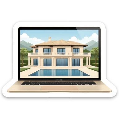 
light beige open macbook sideways with luxury villa on screensaver sticker