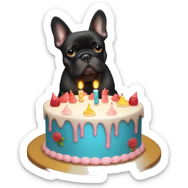 Black French bulldog holding a birthday cake  sticker