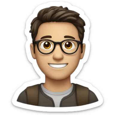 white boy with dark brown hair with circle brown glasses and a smile sticker