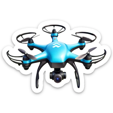 An icon showing a racing quadcopter drone in the foreground, flying at high speed through a course filled with obstacles and checkpoints. Other drones zoom in the background over a dynamic landscape. Transparent background highlights the thrill and precision of drone racing. sticker