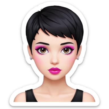 woman pixie cut textured black hair shiny pink lips sticker