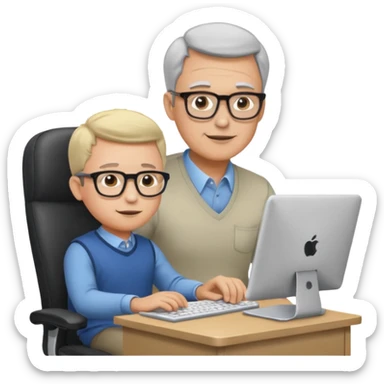 Middle aged man with glasses working at his desk, with his child sitting behind him on the head rest of his chair looking at his computer sticker