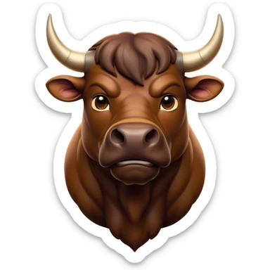 Cinematic Noble Brown Bull Portrait Emoji, Poised and regal, with a massive, muscular build and a sleek, well-groomed rich brown hide, deep-set soulful dark eyes, Simplified yet sharp and sophisticated features, highly detailed, glowing with a soft, dignified glow, high shine, intelligent and formidable, stylized with an air of strength, focused and attentive, soft glowing outline, capturing the essence of a watchful and confident guardian, so majestic it feels as though it could charge out of the screen with effortless authority! sticker