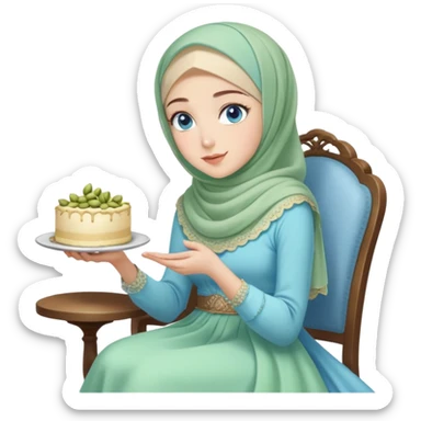 Turkish beautiful finish Konya girl blue eyes with pastel hijab long tail dress and sits on the chair and holds pistachios cake with her hand  sticker