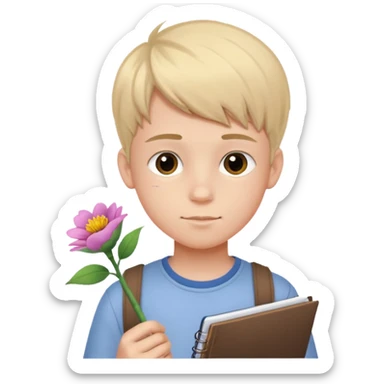 Teen boy drawing boy with flower character in notebook sticker