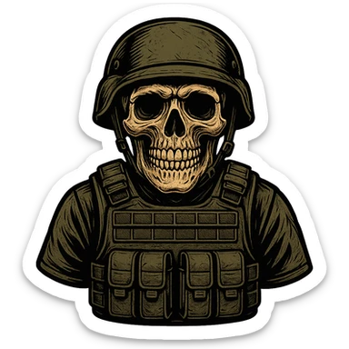 skull wearing a bulletproof vest and a military helmet, detailed and bold, no background sticker