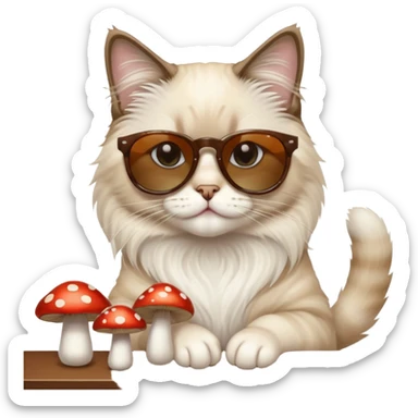 One ragdoll cat with sunglasses selling mushrooms in a bar sticker