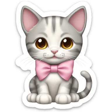 silver gray and white and cream color tabby cat kitten wearing a pink bow sticker