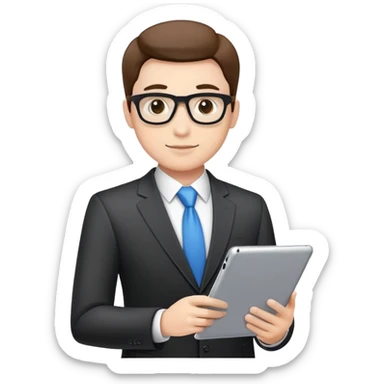 business executive confidently, holding a digital tablet or folder, wears smart business attire sticker