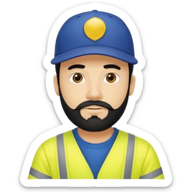 Man in yellow hi vis overalls, with black hair and full beard, wearing a dark blue baseball cap  sticker