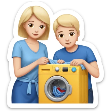 Mother and son putting clothes in the washing machine sticker