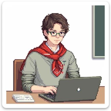 Soviet young pioneer with red neckerchief sitting at a laptop computer sticker