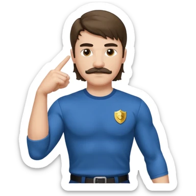 generate an ios genmoji of a 20 year old boy with shoulder length hair and a mullet. cop mustache. BIG biceps and wearing a full sleeve tshirt that fits his biceps sticker