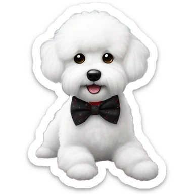 a little scruffy little bichon frisé that has  a bow tie sitting on a red and black big pillow looking happy in front a window looking outside a winter scene where snow flakes are falling  sticker