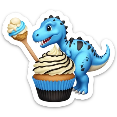 A cupcake having blue and black icing and a dinosaur as a decoration and ice cream next to it sticker