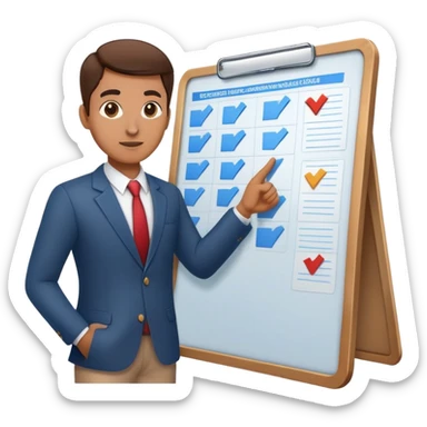 professional figure pointing at a task board or flowchart. The character wears business casual clothing sticker