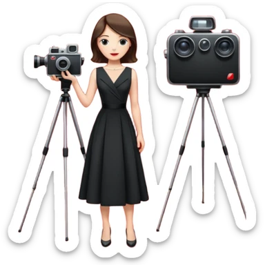 an actress standing on a red carpet with a formal dress, with a film camera next to her. sticker