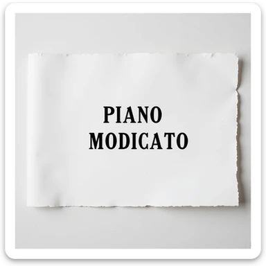 white sheet of paper with the text 'PIANO MODIFICATO', hyperrealism, 4K resolution, no background sticker