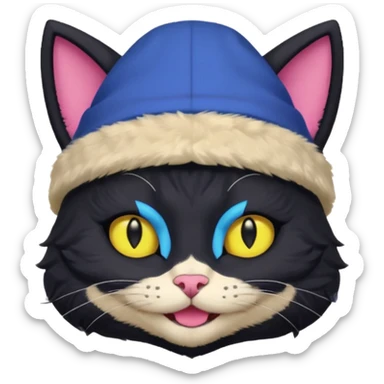 image friend from deltarune, a cat with a pink eye and a yellow eye, and black fur and pointy ears smiling sticker