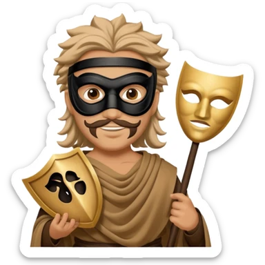 Greek thespian in full costume with a mask holding a prop sticker
