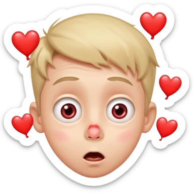 surprised cartoon boy with wide eyes, small trickle of red from the nose, comedic expression, blushing, hearts around the head sticker
