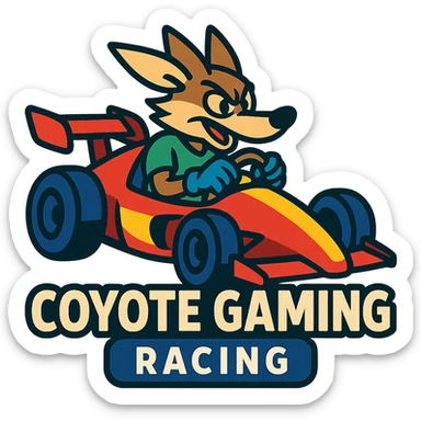 Coyote Gaming Racing logo in vibrant toon style, with a coyote character driving a race car sticker