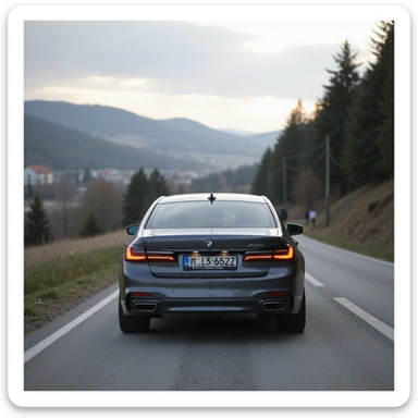BMW Series 7 2022, from behind, photorealistic, on a scenic Romanian road with city elements sticker