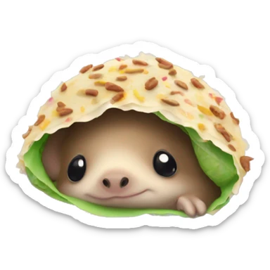 Baby hedgehog hiding inside a burrito eating rainbow sprinkles and kissing a frog sticker