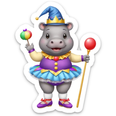 Hippo with a clown nose, a wizard hat, a ballerina tutu, a bikini, sandels and white socks  sticker