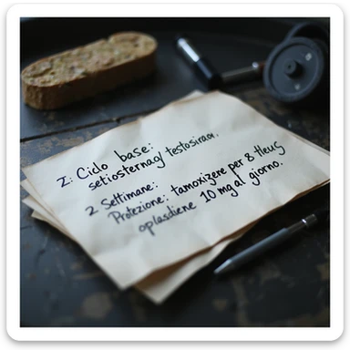 Close-up of a handwritten sheet on a gym desk with the protocol: 'Ciclo base: testosterone enantato 250 mg/settimana per 8 settimane. Protezione: tamoxifene 10 mg al giorno.' Hyperrealistic style, 4K details, professional atmosphere. sticker