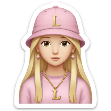 A pretty girl wearing a light pink pullover with a hat, having long straight blonde hair, wearing a necklace with the letter "L" on it and golden earrings. sticker