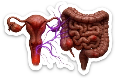 utero umano anatomico iperrealistico e intestino umano anatomico iperrealistico hanno in comune il dolore e l'infiammazione, rendi bene il collegamento tra i due organi doloranti, falla iperrealistica, non disegnata, fai colori che si adattano a questo viola #971ef1 sticker