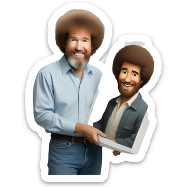 Bob Ross holding a painting of Bob Ross sticker