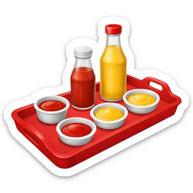 a small tray have 2 sides, ketchup and mustard sticker