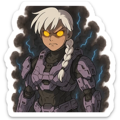 female, wearing reach spartan armor shoulder-unequip, long white braid hair with massive messy front side single bangs, gold yellow eyes, attention pose, D-cup size, HALO:series, no helmet, the armor is lavender color scheme, eyes glowing, demon eye, gleam, rage aura, body steaming dark gray, blue electricity, mouth clowed scowling sticker