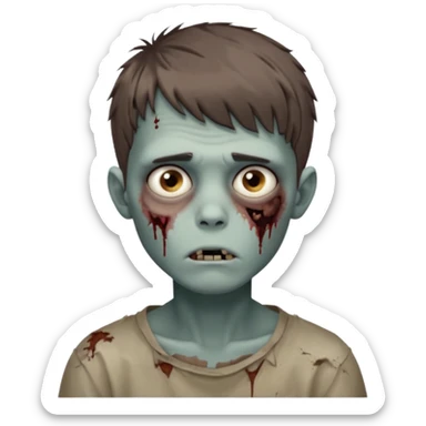 zombie boy youthful face, messy brown short hair in fringe haircut, closed mouth, without wrinkles sticker