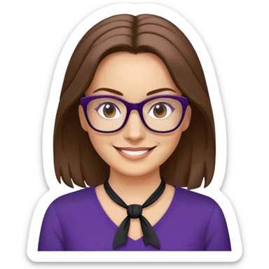 nữ 40 tuổi, da trắng, tóc được buộc gọn gàng màu nâu, mặt cười tươi vui vẻ, đeo kính màu đen, áo tím đậm sticker