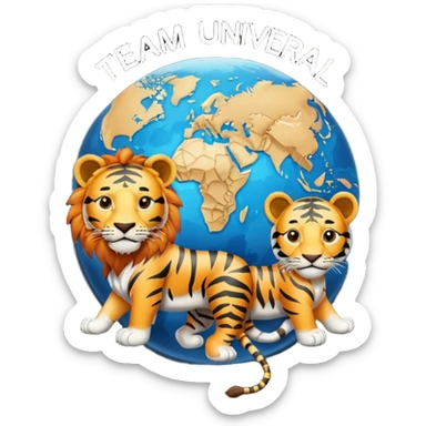 Un mundo al centro con un león a su lado izquierdo y un tigre al lado derecho y en el medio escrito "TEAM UNIVERSAL" sticker