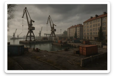 a screenshot of the game DayZ videogame, the harbor in a Scandinavian port town, industrial harbor at apartment blocks sticker