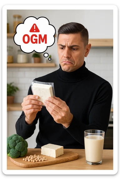 un uomo in cucina tiene in mano una confezione di soia o tofu, osservandola con un’espressione scettica e preoccupata. Sopra la confezione, una nuvoletta di pensiero mostra la scritta “OGM” evidenziata in rosso, accompagnata da un simbolo di allarme o un punto interrogativo. Sullo sfondo, altri alimenti naturali sono visibili sul tavolo, sottolineando la sua preferenza per prodotti non OGM. sticker