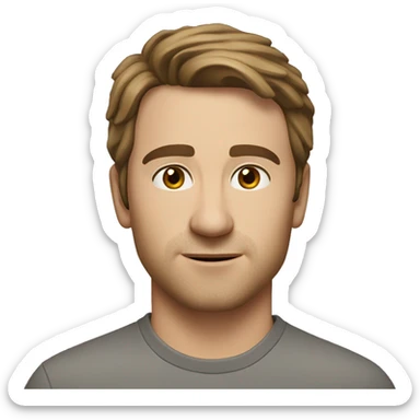 A head and shoulders shot of a 32 year old Caucasian man, with short brown hair,   with brown eyes wearing a t-shirt. sticker