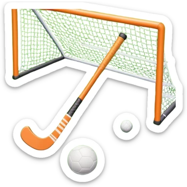 field hockey stick and ball on vibrant green grass field with goalposts sticker