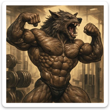 werewolf body builder, muscular, flexing, gym theme, dynamic pose sticker