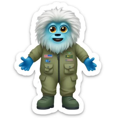 A yeti with big eyes wearing a khaki green flight suit with blue hands and feet sticker