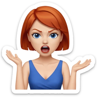 mujer pelirroja con los ojos y los labios maquillados enojada gritando con vestido azul pelo corto sticker