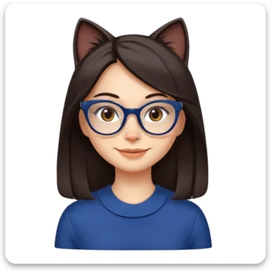 Female. Straight long hair and dark brown eyes and hair with cat eye glasses and dark blue out fit sticker