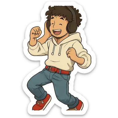 1 male, mid fade haircut dark chestnut brown curly hair, toasted lightskin, white hoodie sleeves up, fashion jeans, red fashion-sneakers shoes, red belt, short trimmed beard and goatee,  style of deku from "my hero academia", headphones on jammin', twtich emote sticker