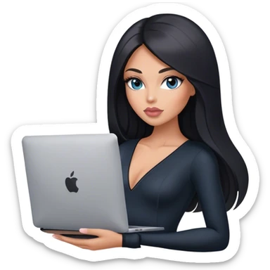 Glamours, tanned, very beautiful girl, with big pump peach-beige-rose lips, long lashes, black straight smooth silky long hair, straight parting hair, blue-grey eyes, in black v-neck bodysuit holding MacBook sticker