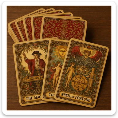 highly detailed tarot deck with decorative card backs, classic Victorian motifs, rich colors, cards stacked and slightly spread sticker