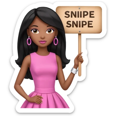 Black barbie, long black  hair, pink dress holding sign, that says snipe sticker